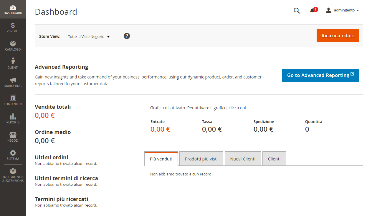 Workspace dell'Admin in Magento 2