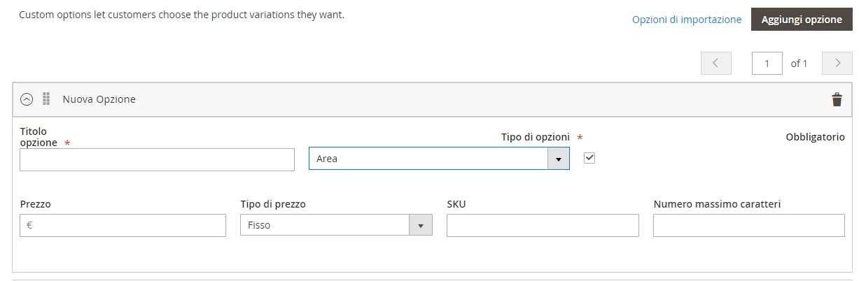 Opzioni personalizzate prodotto