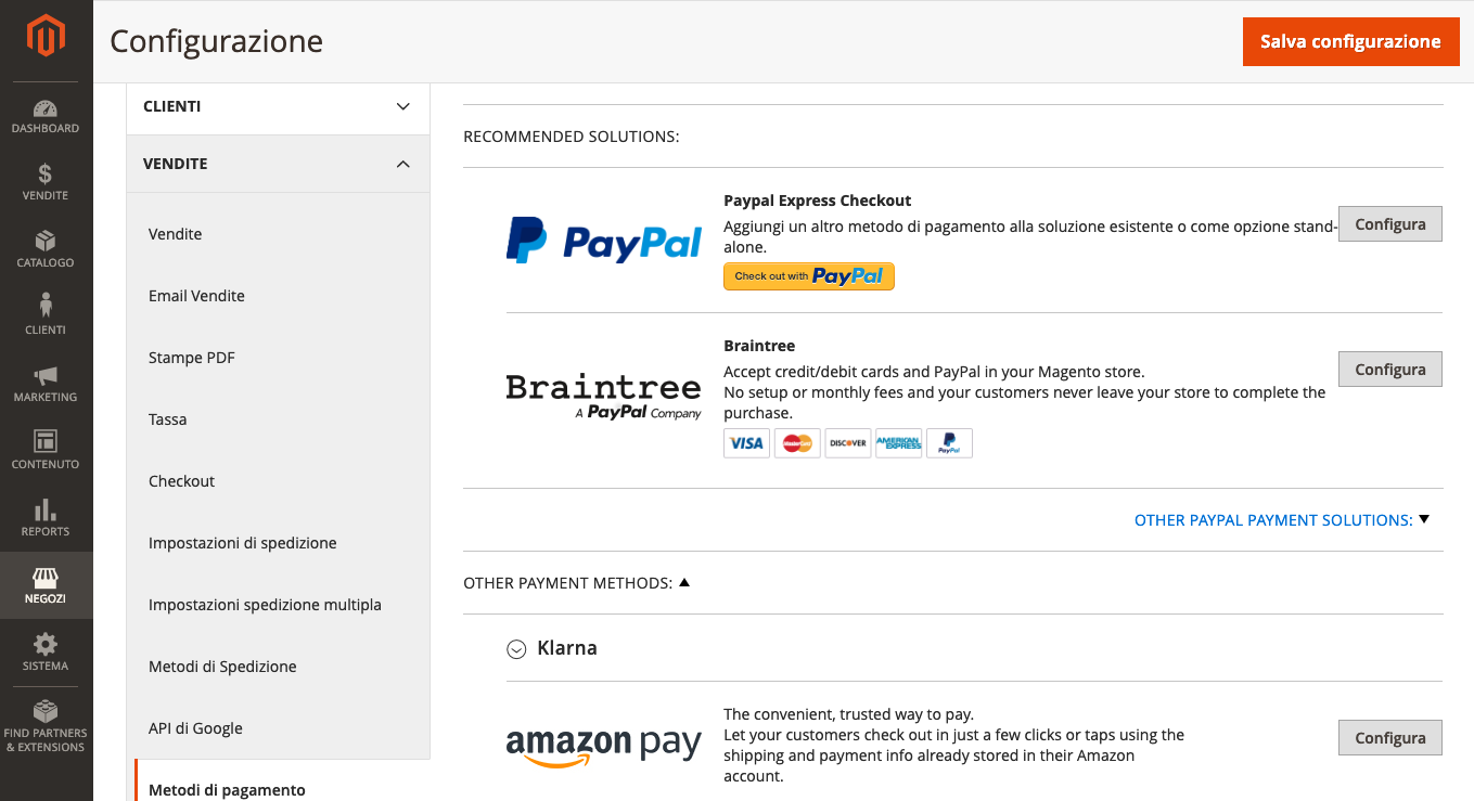 Configurazione dei pagamenti in Magento 2